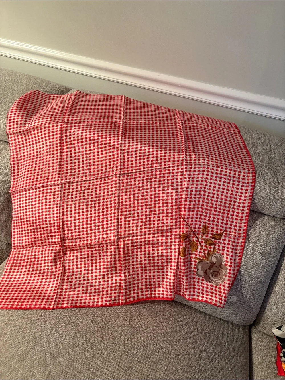 Vintage Red Gingham Scarf with Floral Accent by mode makers Ben Goodman